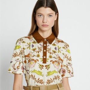 Tory Burch Floral Button Down Shirt with Brown Collar Meadow Design